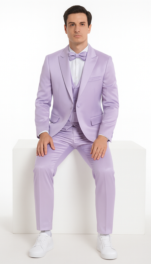 Tazzio Men's Formal Lavender Satin 3 Piece Slim Fit Suit with Peak Lapel Suit