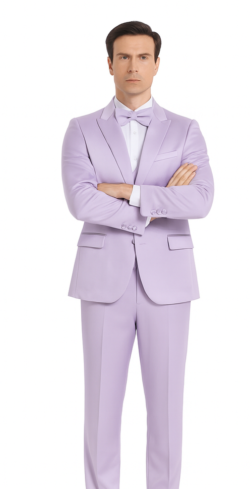 Tazzio Men's Formal Lavender Satin 3 Piece Slim Fit Suit with Peak Lapel Suit