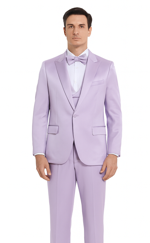 Tazzio Men's Formal Lavender Satin 3 Piece Slim Fit Suit with Peak Lapel Suit