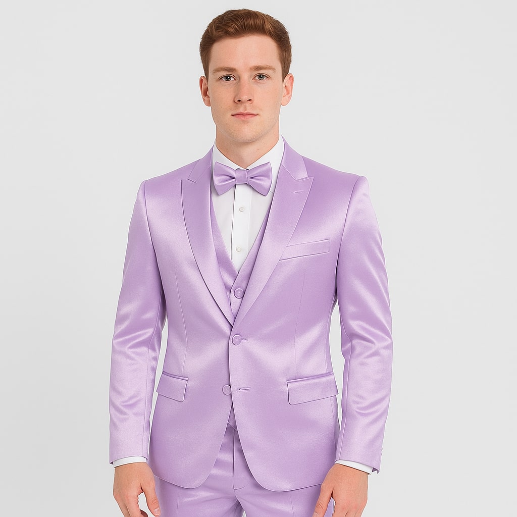 Lavender Satin Tuxedo Set – 4-Piece Statement for Weddings & Proms - 34R Coat - 28 Waist