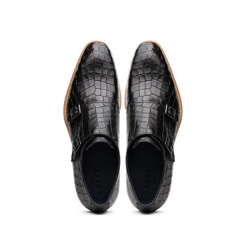 Zelli Legerra Hand Burnished Crocodile Print Monk Strap in Black