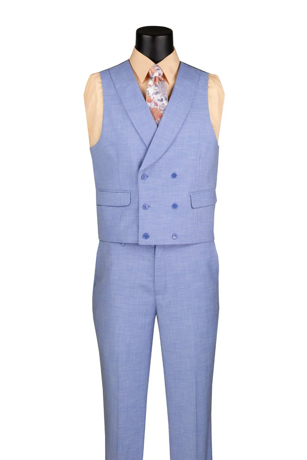 Light Blue Modern Fit 3-Piece Suit with Lapel Vest & Adjustable Pants - 38 Short - 32 Waist