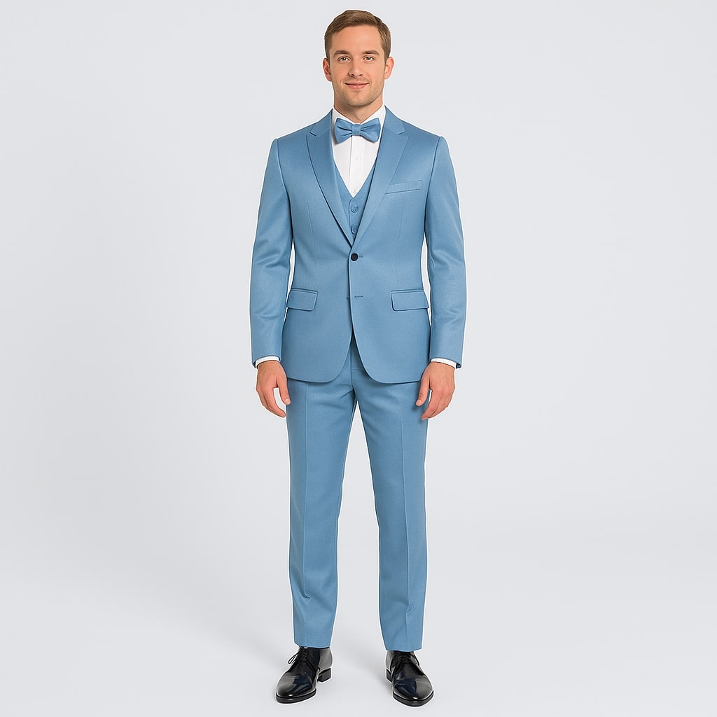Light Blue Satin Tuxedo Set – 4-Piece Formal Look for Weddings & Proms - 34R Coat - 28 Waist