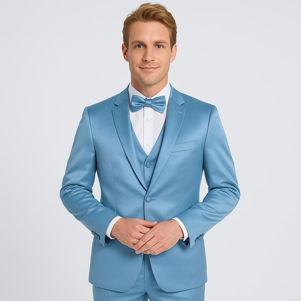 Light Blue Satin Tuxedo Set – 4-Piece Formal Look for Weddings & Proms - 34R Coat - 28 Waist
