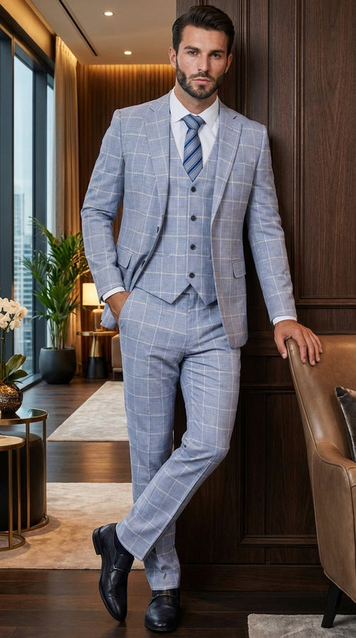 Mens Light Blue Plaid Three Piece Suit β Windowpane Check Wedding and Business Formal Suit Set