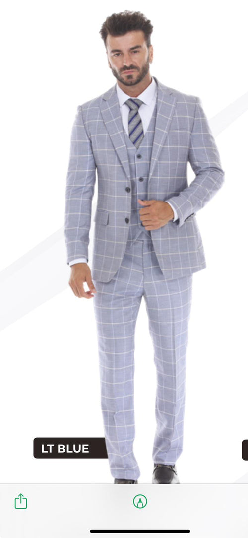 Mens Light Blue Plaid Three Piece Suit β Windowpane Check Wedding and Business Formal Suit Set