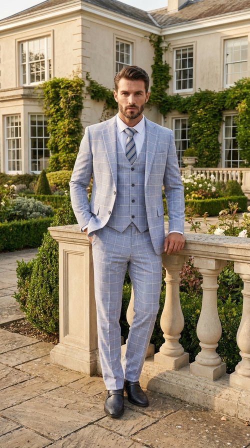 Mens Light Blue Plaid Three Piece Suit β Windowpane Check Wedding and Business Formal Suit Set