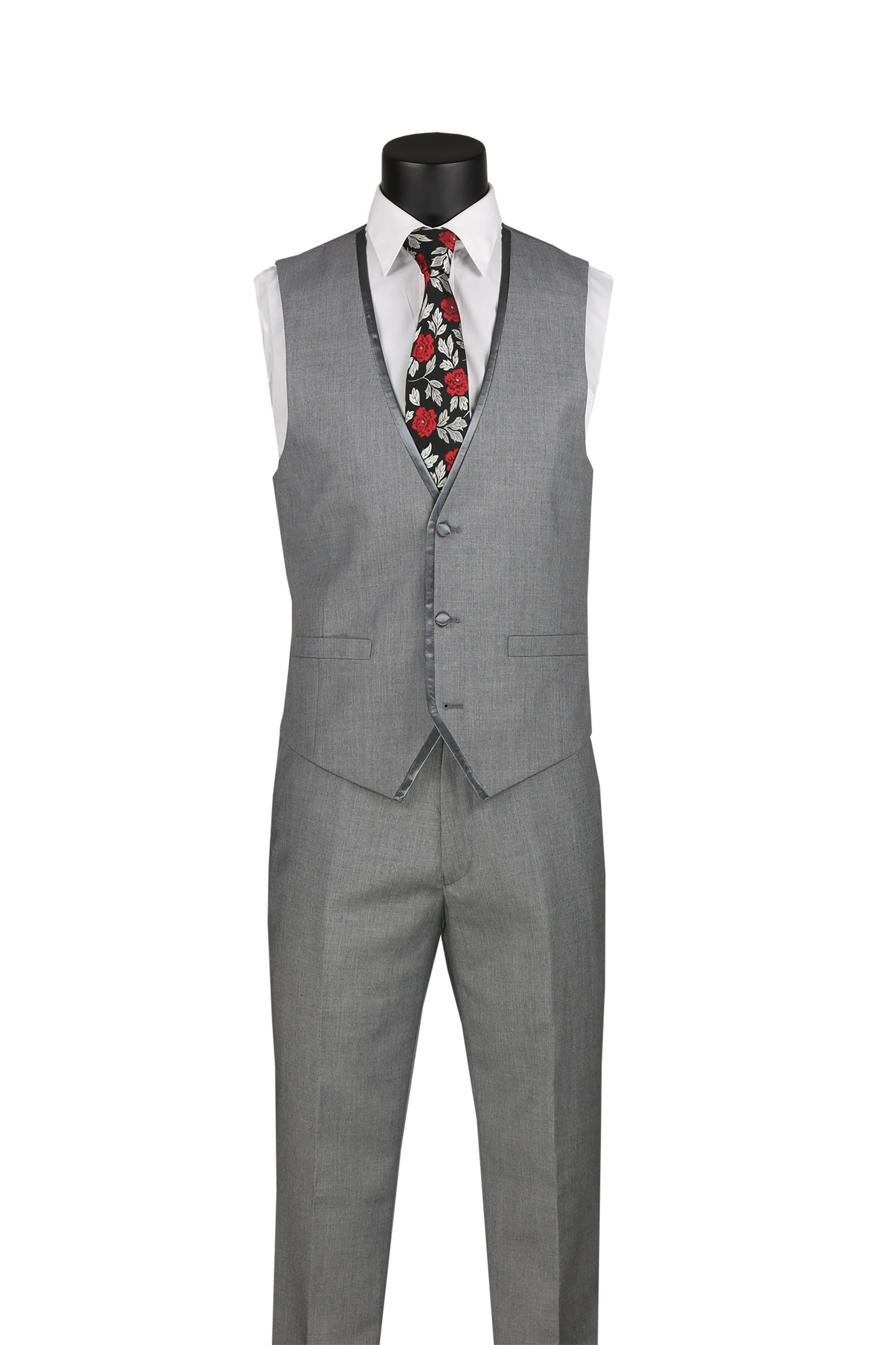 Light Gray Trimmed Lapel Slim Fit 3 Piece Suit - 34 Short - 28 Waist