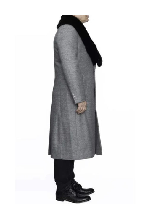 Removable Ankle length Fur Collar Full Length Gray Wool Herringbone ~ Overcoat 1920s 1940s men's Fashion Vintage Style - Mens Topcoat