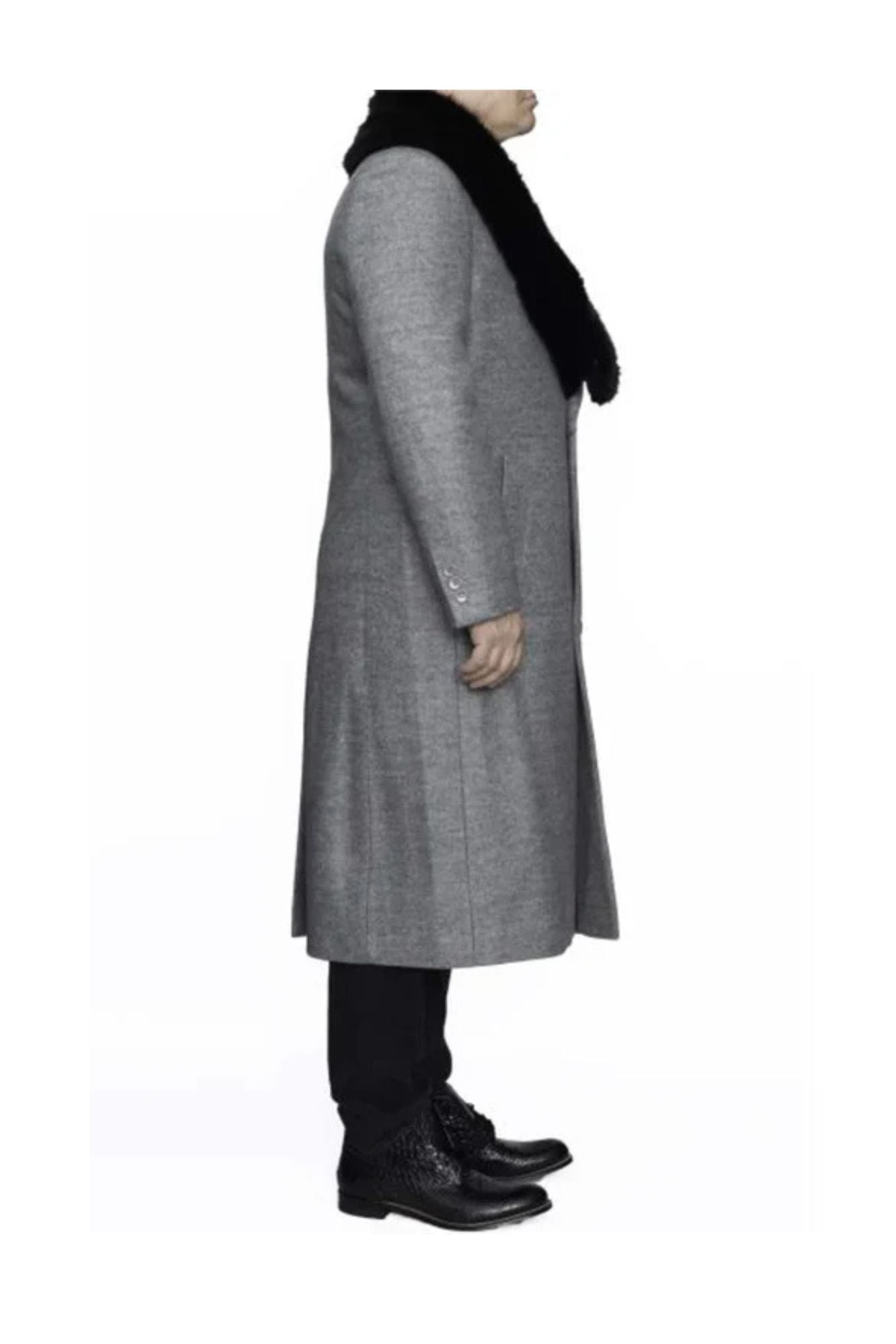 Removable Ankle length Fur Collar Full Length Gray Wool Herringbone ~ Overcoat 1920s 1940s men's Fashion Vintage Style - Mens Topcoat - Coat Size 38