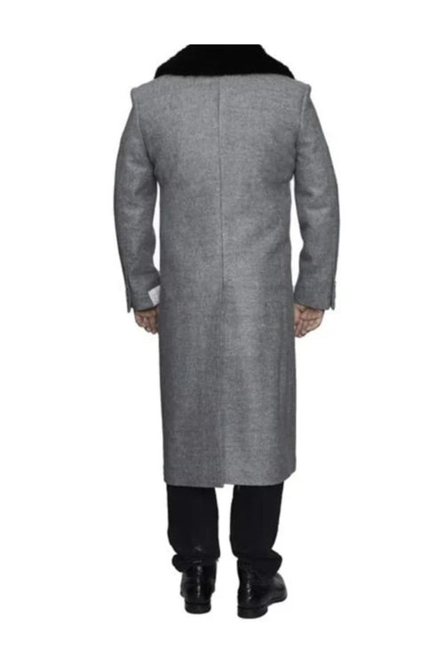 Removable Ankle length Fur Collar Full Length Gray Wool Herringbone ~ Overcoat 1920s 1940s men's Fashion Vintage Style - Mens Topcoat