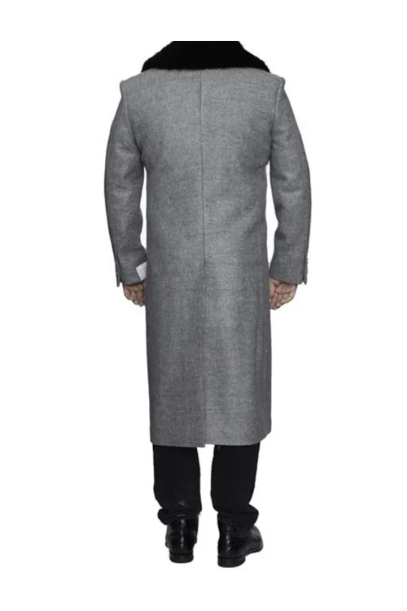 Removable Ankle length Fur Collar Full Length Gray Wool Herringbone ~ Overcoat 1920s 1940s men's Fashion Vintage Style - Mens Topcoat - Coat Size 38
