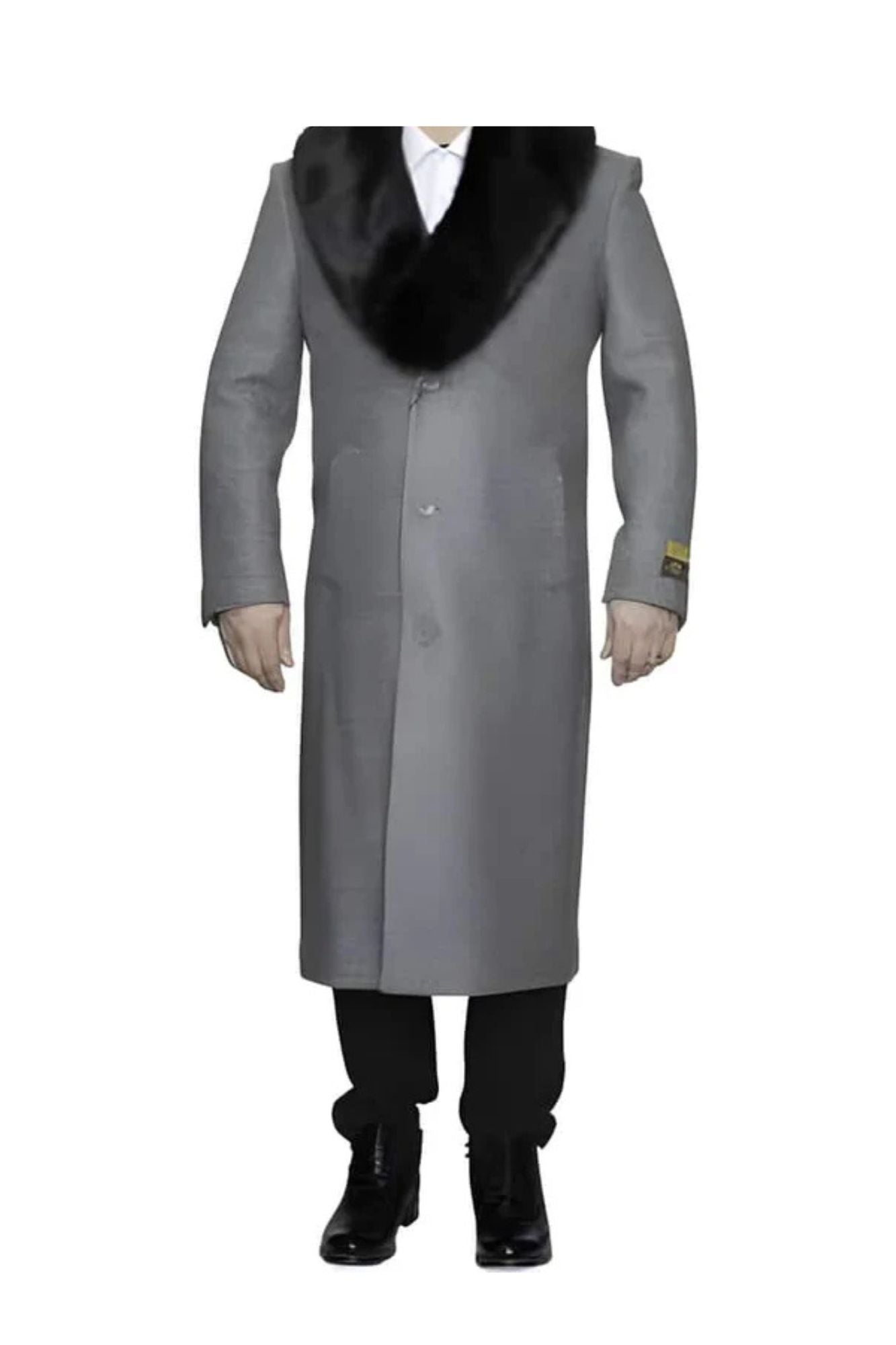 Removable Ankle length Fur Collar Full Length Gray Wool Herringbone ~ Overcoat 1920s 1940s men's Fashion Vintage Style - Mens Topcoat - Coat Size 38