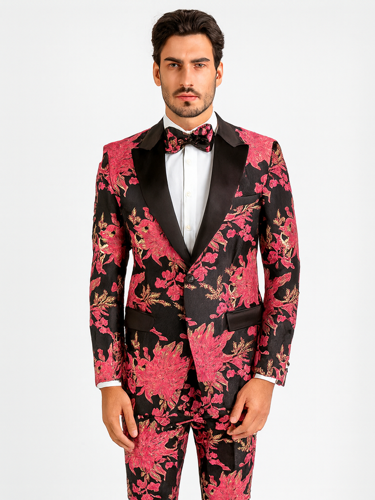 Light Pink Suit For Men's Fuchsia Pink & Black Floral Paisley Prom 2025 Tuxedo - Pink