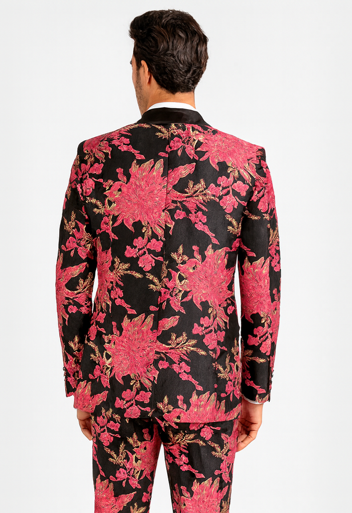 Light Pink Suit For Men's Fuchsia Pink & Black Floral Paisley Prom 2025 Tuxedo - Pink
