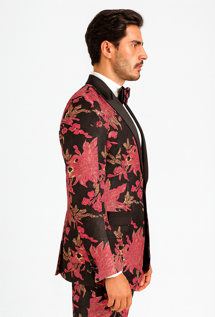 Light Pink Suit For Men's Fuchsia Pink & Black Floral Paisley Prom 2025 Tuxedo - Pink