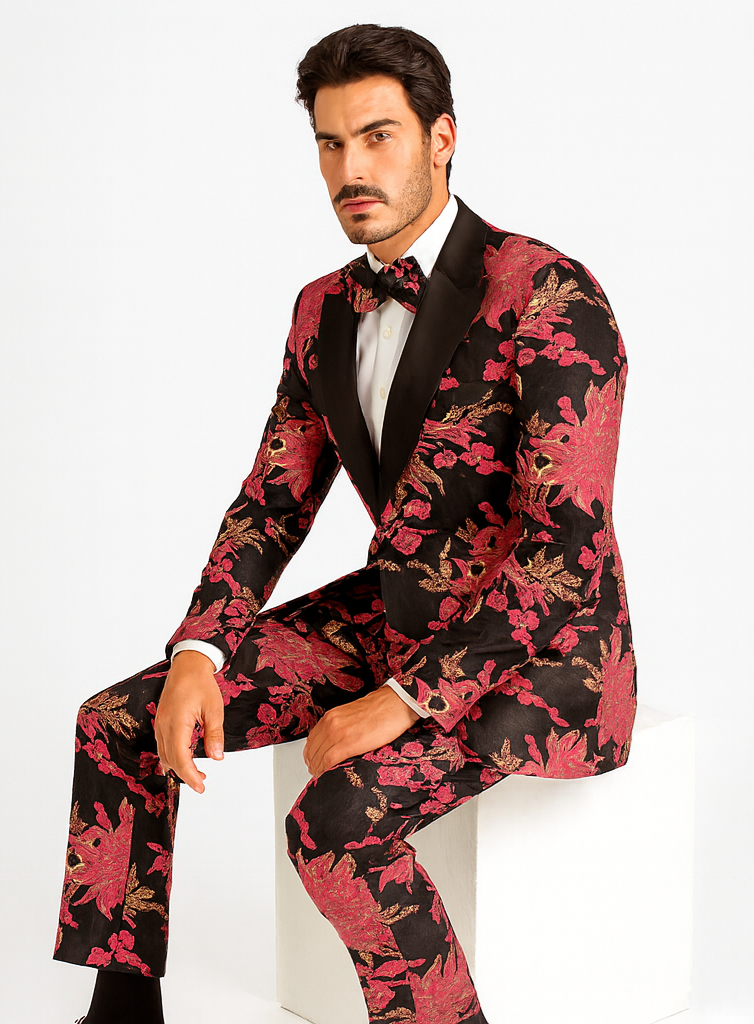 Light Pink Suit For Men's Fuchsia Pink & Black Floral Paisley Prom 2025 Tuxedo - Pink