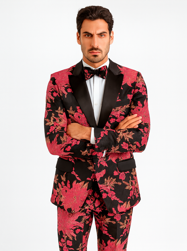 Light Pink Suit For Men's Fuchsia Pink & Black Floral Paisley Prom 2025 Tuxedo - Pink