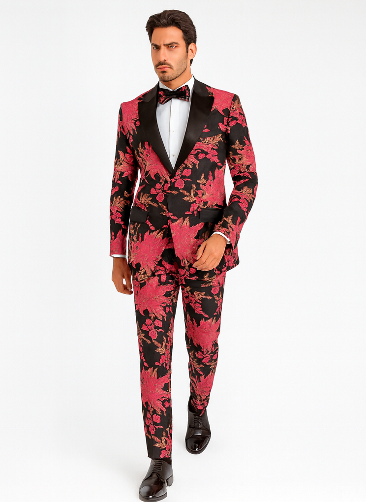Light Pink Suit For Men's Fuchsia Pink & Black Floral Paisley Prom 2025 Tuxedo - Pink