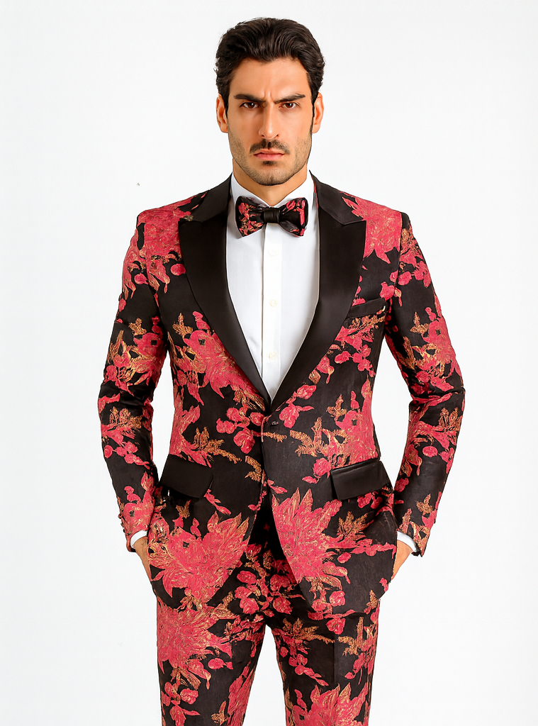 Light Pink Suit For Men's Fuchsia Pink & Black Floral Paisley Prom 2025 Tuxedo - Pink