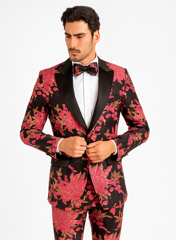 Light Pink Suit For Men's Fuchsia Pink & Black Floral Paisley Prom 2025 Tuxedo - Pink