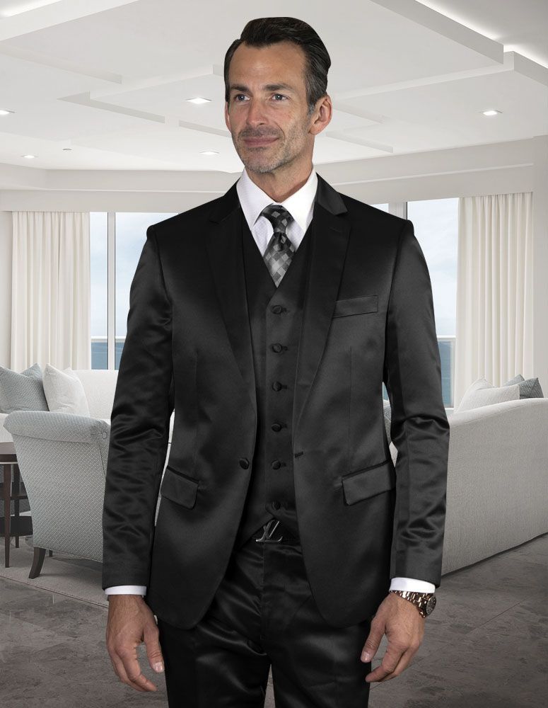 Men's Sharkskin 3-Piece Suit: Unique Fashion Statement - 38 Short Jacket+32 Waist Adjustable 28to34)(Height: 5 4 to5 7 )(Neck 15-16.5)S-M)
