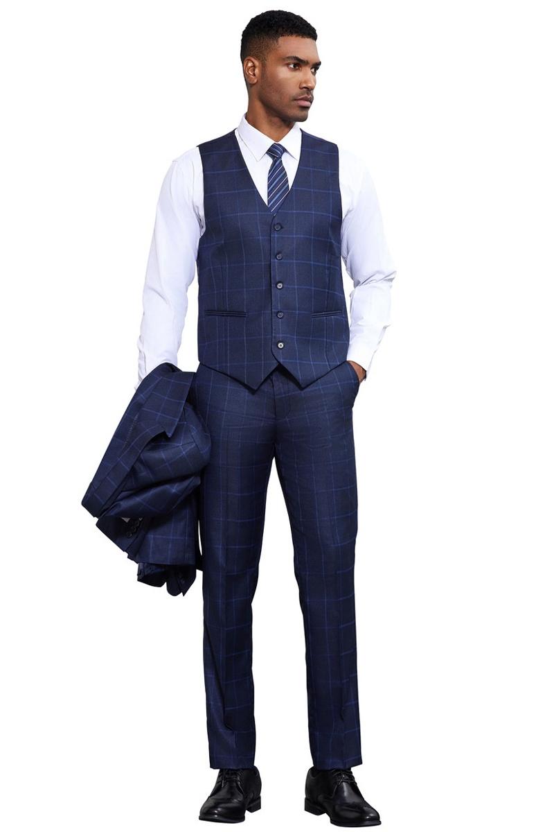 Men's Stacy Adams Classic One Button Vested Windowpane Suit in Navy Blue - 38 Regular
