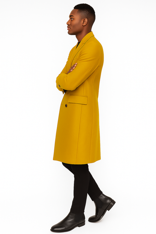 Men's Gold 44Inch Long Double Breasted Overcoat Winter Men's Topcoat Sale