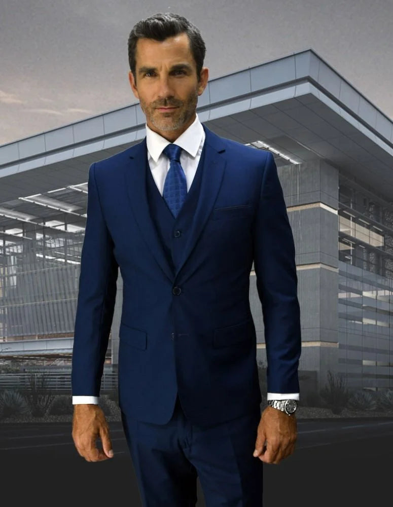 Men's 3-Piece Wool Blend Slim Fit Suit – Solid Colors – Stylish