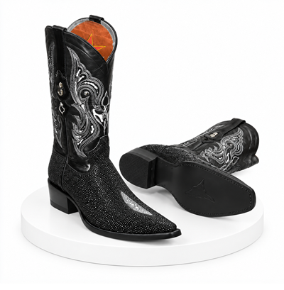 Los Altos Boots Black Genuine Stingray Mantarraya Skin Single Stone Western Cowboy Botas De Mantarraya - Mantarraya Boots (EE)