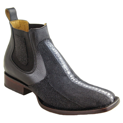 Men's Genuine Stingray Skin Row Stone Wide Square Toe Ankle Boots Black Color - Los Altos Boots