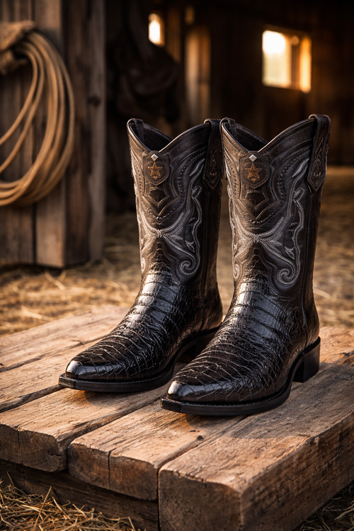 Los Altos Boots Caiman Tail Black Pointed Toe Cowboy Boots-New Designer Collection