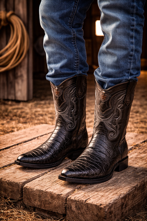 Los Altos Boots Caiman Tail Black Pointed Toe Cowboy Boots-New Designer Collection