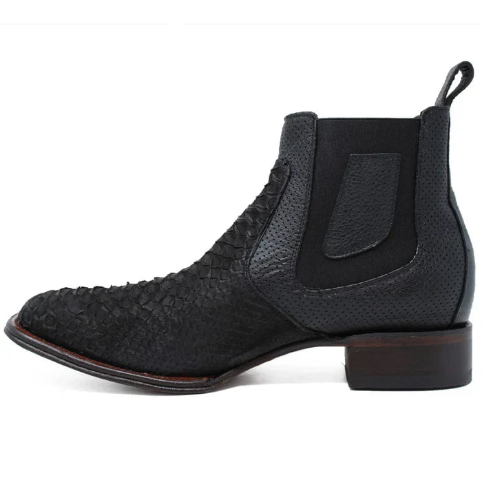 Los Altos Men's Genuine Python Skin Square Toe Ankle Boots - Black - 6