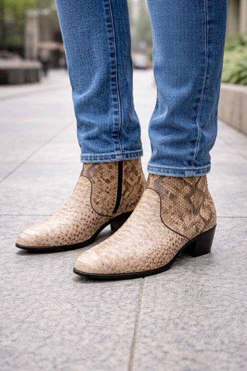 Los Altos Mens Natural Genuine Python Snakeskin Leather Ankle Boots-New Designer Collection
