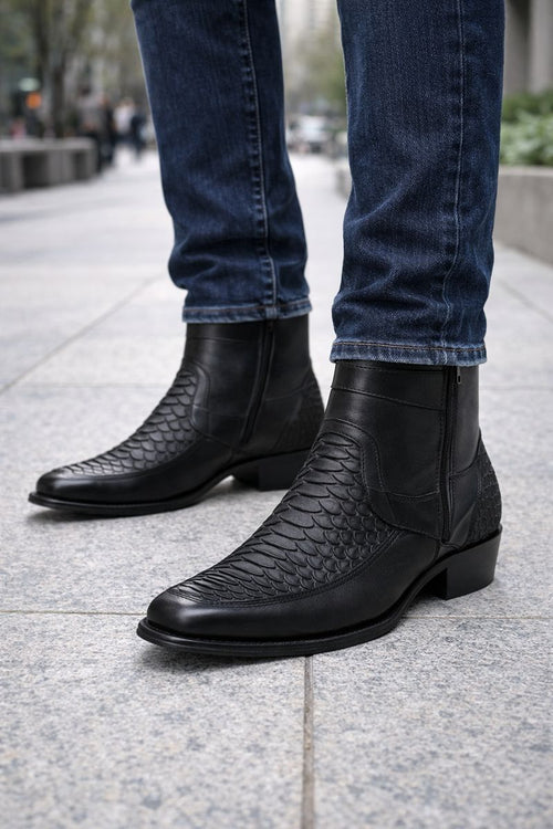 Los Altos Men's Original Python Skin European Toe Short Boots - Black 76BFN5705-New Designer Collection