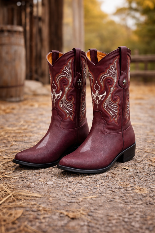 Los Altos Men's Single Stone Stingray Leather Burgundy J Toe Boots-New Designer Collection