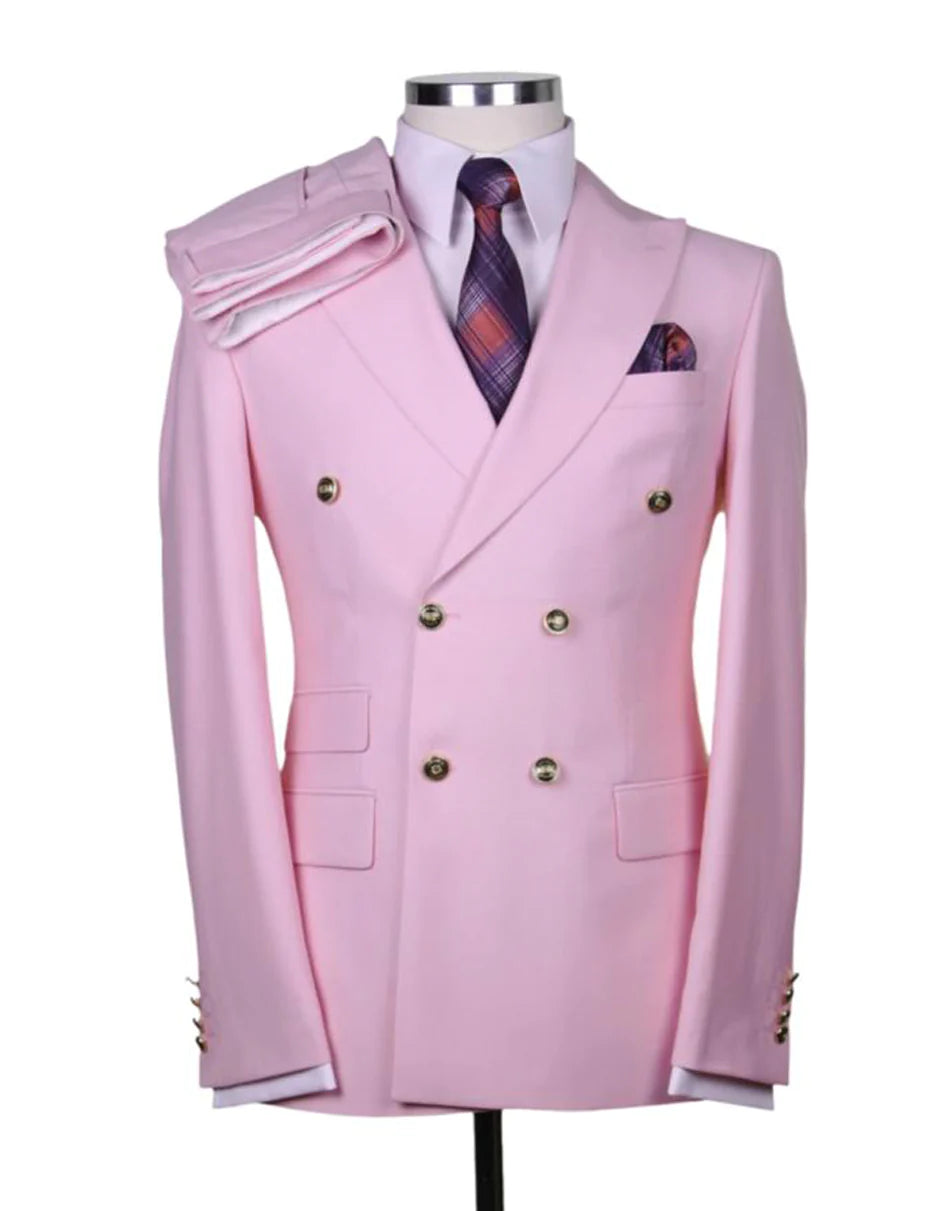 Mens Double breasted Suit - "Pink" 1920s 1980s Style Peak Lapel Suits - Back Side Vented Mens Designer Modern Fit Double Breasted Wool Feel Suit - Designer Brand with Gold Buttons in Pink - 36 Regular