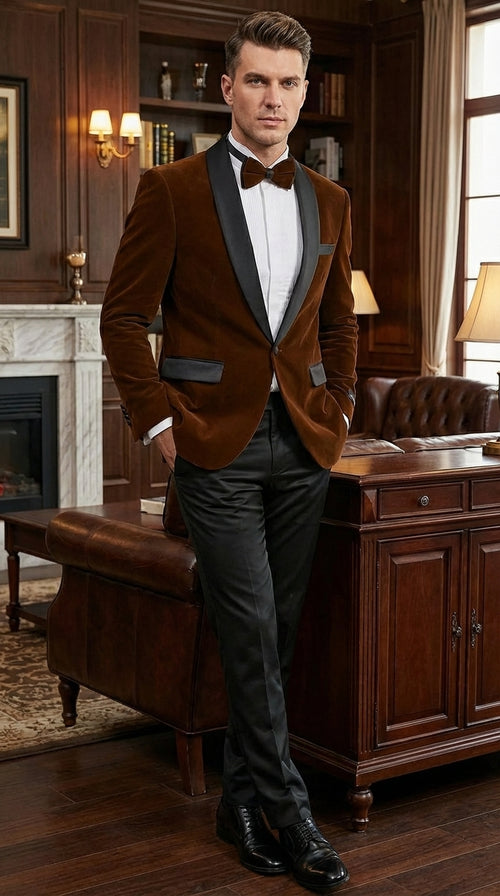 Mens Brown Velvet Tuxedo Jacket β Luxury Black Lapel Velvet Blazer for Wedding, Prom and Formal Events