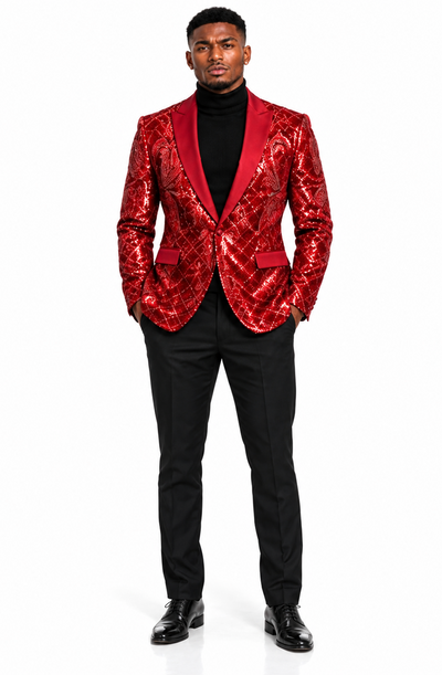 Mens Sequin Christmas Holiday Blazer – Luxury Party Jacket for New Year Jacket Sparkly Dinner Jacket in color "Red"