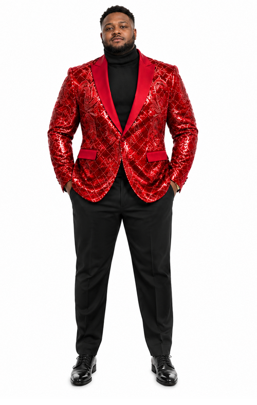 Mens Sequin Christmas Holiday Blazer – Luxury Party Jacket for New Year Jacket Sparkly Dinner Jacket in color "Red"