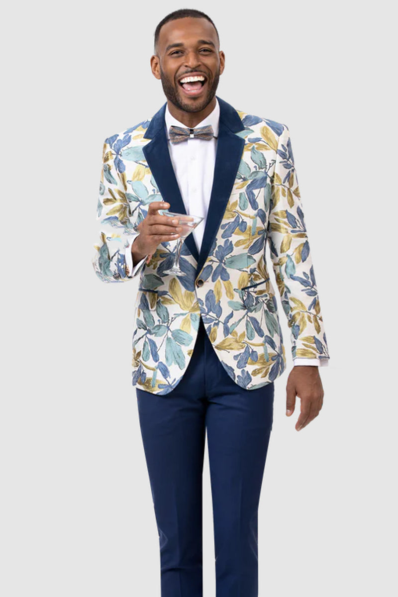 "Floral Pattern Men's Tuxedo Jacket with Navy Velvet Lapel - One Button"