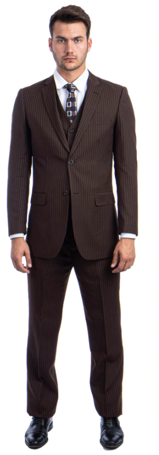 Tazio Men's 3 Piece Executive Pinstripe Suit 6 Button Vest Professional Look