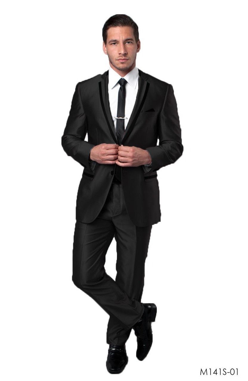 Lapel  Tazio Men's 2 Piece Slim Fit Executive Suit Satin Lapel Style