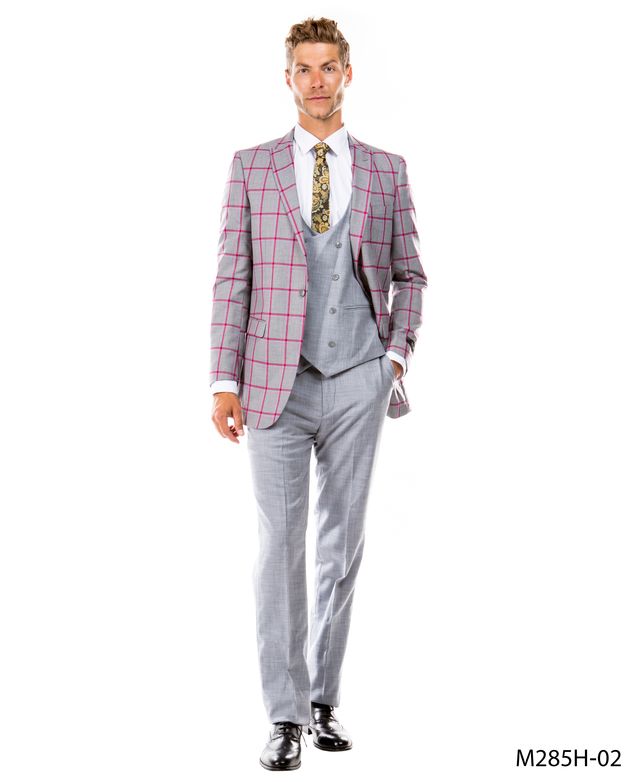 Tazio Men's 3 Piece Windowpane Executive Suit Two Tone - 38 Short Jacket+32 Waist Adjustable 28to34)(Height: 5 4 to5 7 )(Neck 15-16.5)S-M)