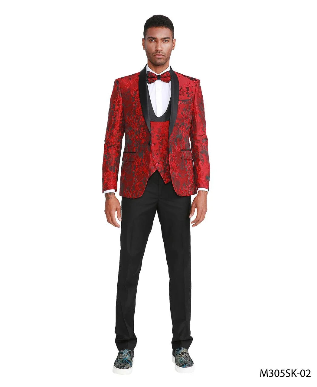 Tazio Men's 3 Piece Skinny Fit Suit Black Shawl Lapel Suit with Slim Cut Pants - 38 Short Jacket+32 Waist Adjustable 28to34)(Height: 5 4 to5 7 )(Neck 15-16.5)S-M)