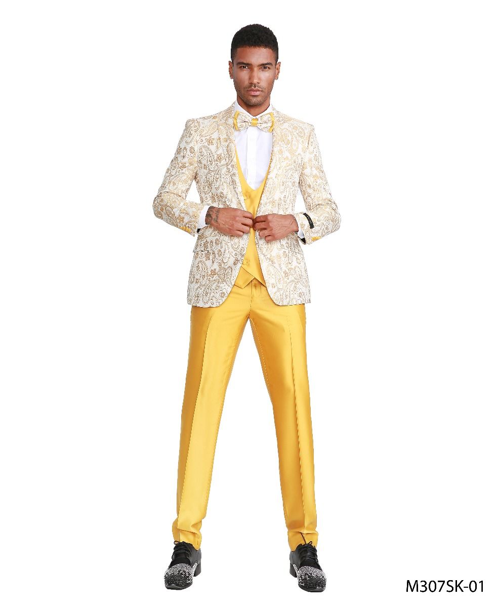 Tazio Men's Skinny Fit 4-Piece Jacquard Suit Bright - 38 Short Jacket+32 Waist Adjustable 28to34)(Height: 5 4 to5 7 )(Neck 15-16.5)S-M)