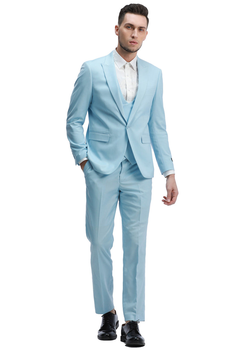 "Light Blue Men's Slim Fit Wedding Suit - One Button Peak Lapel Vest" - 34 Short