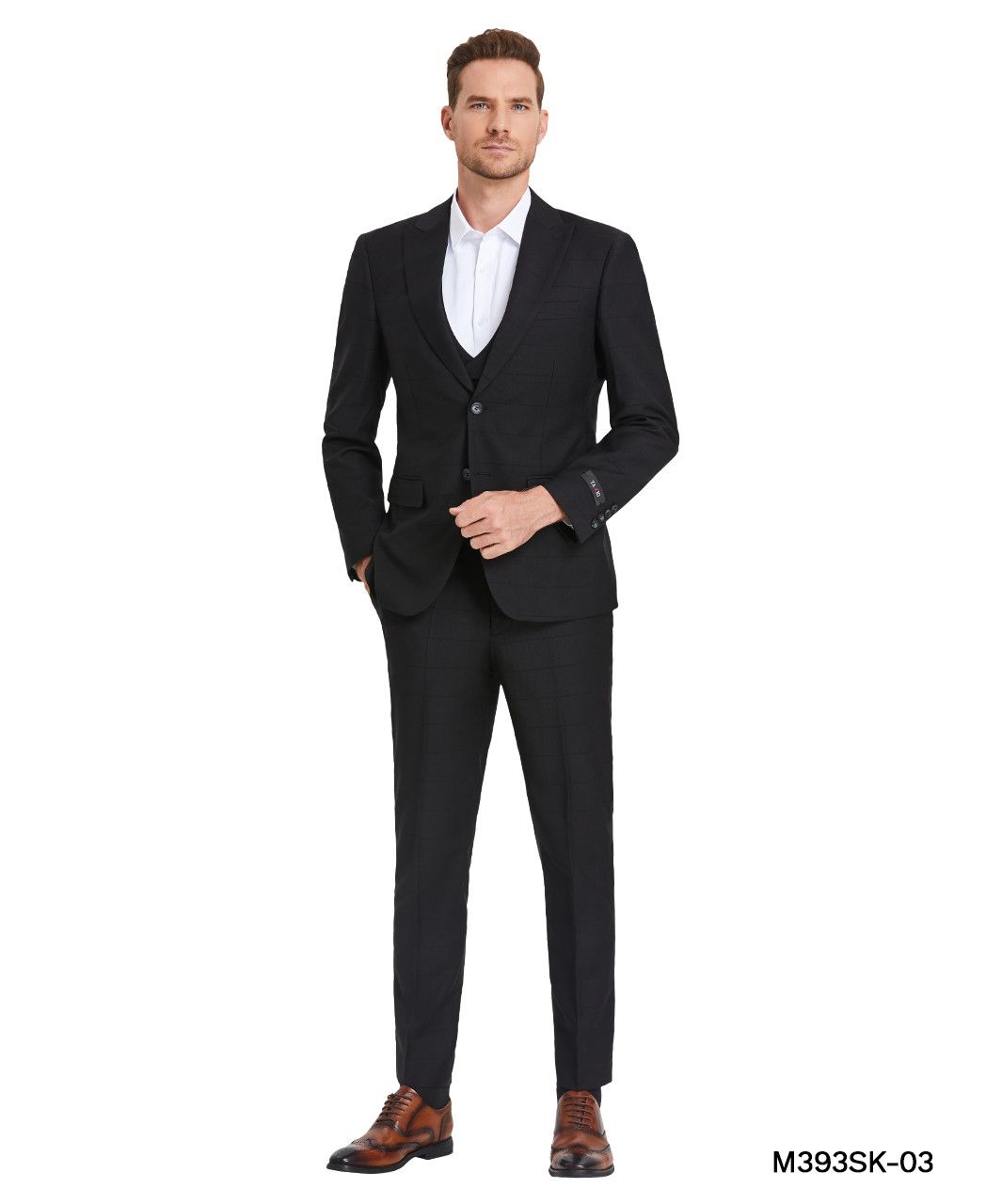 Tazio Men's Skinny Fit 3 Piece Suit Tone on Tone Windowpane - 38 Short Jacket+32 Waist Adjustable 28to34)(Height: 5 4 to5 7 )(Neck 15-16.5)S-M)