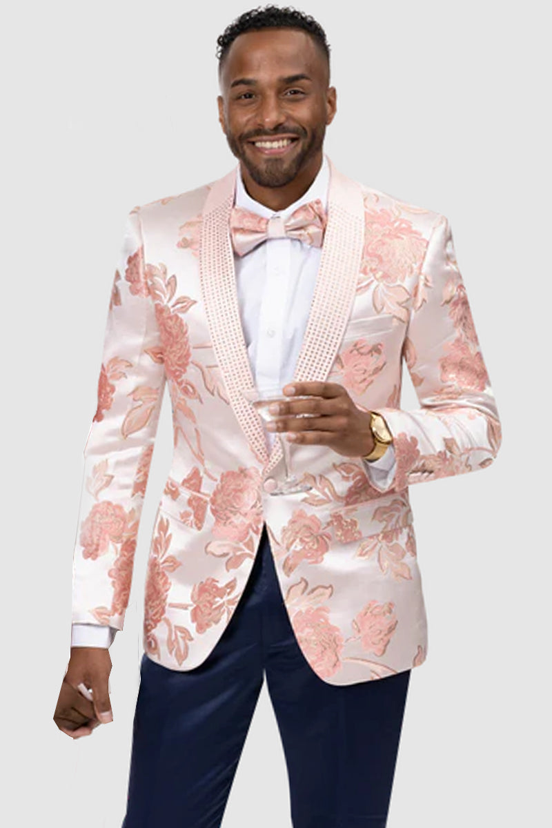 "Pink Satin Paisley Tuxedo Jacket - Modern Men's Prom Dinner Wear"